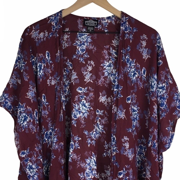 ANGIE Kimono Wrap Asymmetrical Floral Boho Oversized Burgundy Navy Size Medium - Picture 2 of 11